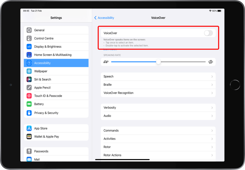 Apple iPad 9th generation showing the accessibility and VoiceOver setting