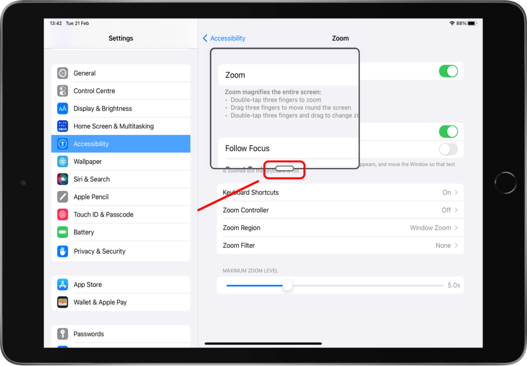 Apple iPad 9th generation showing the accessibility and Zoom setting and the button to open the Zoom menu